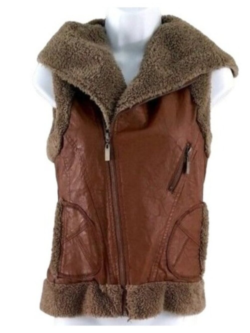 Miilla Shearling Faux Leather Vest Brown Small Lined Zip Pockets Hood Vegan READ